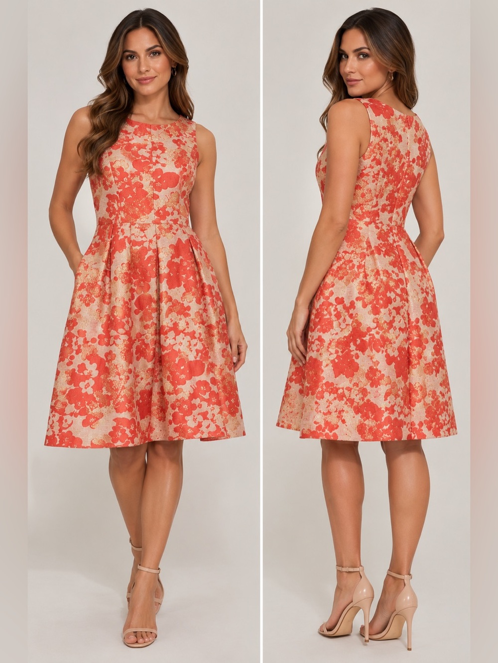 Tahari Arthur S Levine Dress 14 Coral Gold Floral Jacquard Fit Flare Cocktail